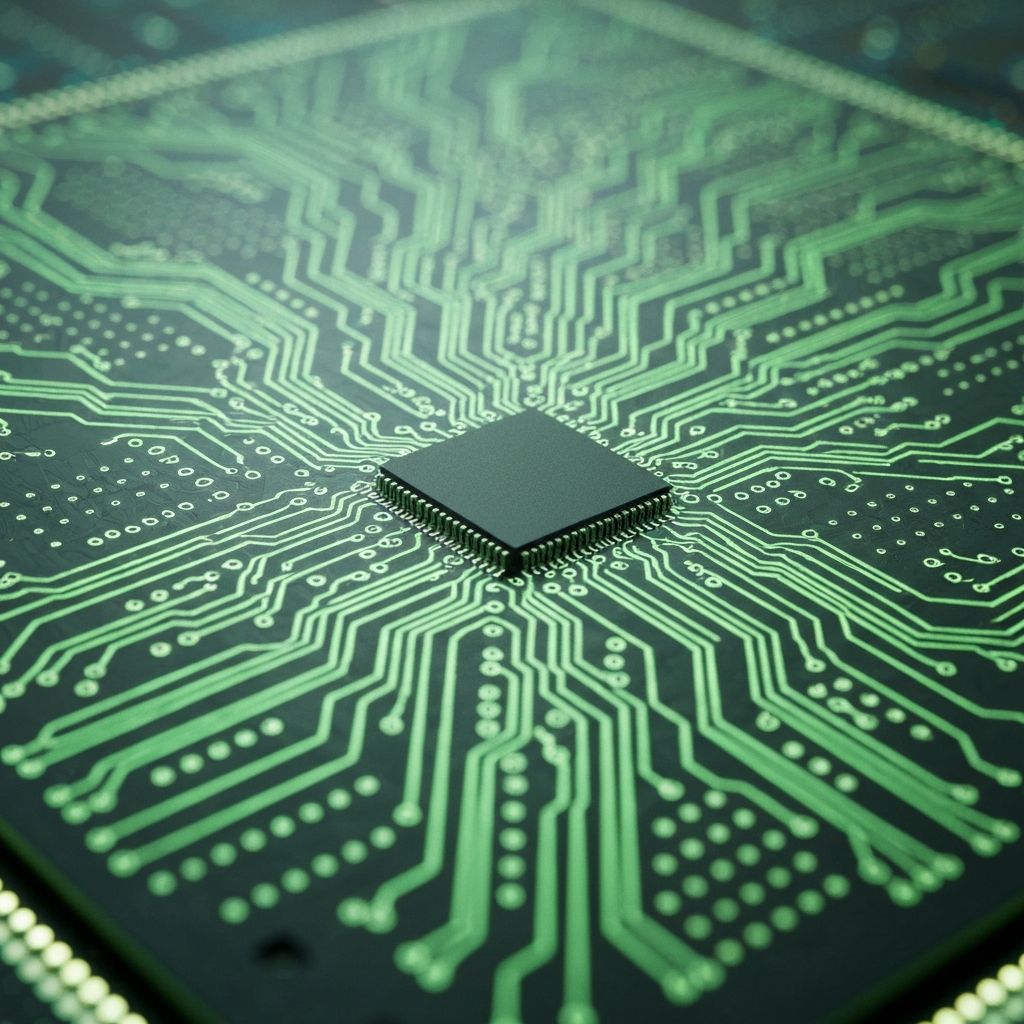 Nvidia AI neural processing unit with green circuit pathways