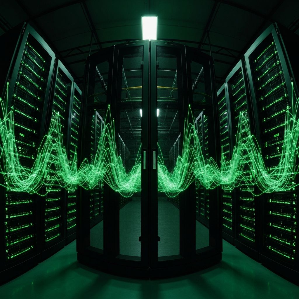 Nvidia AI datacenter with glowing green server racks
